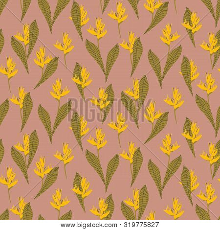 A Seamless Vector Tropical Pattern With Yellow Heliconia Flowers. Surface Print Design.