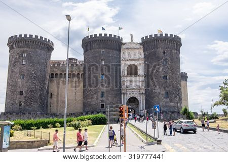 Naples, Italy - July 16: Castel Nuovo On July 16, 2019. Castel Nuovo Is A Medieval Castle Located In