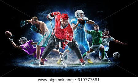 Multi Sport Collage Football Boxing Soccer Ice Hockey On Black Background