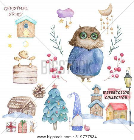 Owl In A Cap And Scarf Were Drawn By Hand. Cute Watercolor Colorful Set Illustration For Greeting Ca