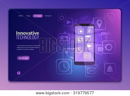 Isometric Multimedia Icons Landig Page. Social Media Isometric Icons Flying Out Of The Phone On A Da