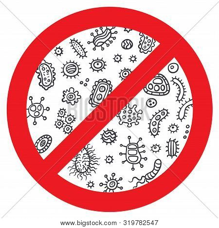 Antibacterial, No Bacteria And Antiviral Icon Doodle. Bacteria And Germs Virus Set, Micro-organisms 