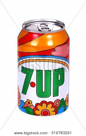 Novyy Urengoy, Russia - August 30, 2019: Aluminium Can Of The 7up 1970s Edition Isolated Over White 