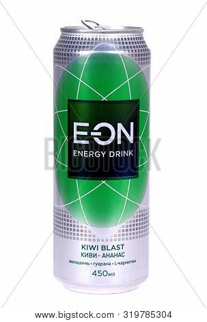 Novyy Urengoy, Russia - August 30, 2019: Aluminium Can Of The Energy Drink Eon Kiwi Blast Isolated O