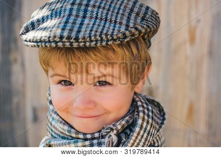 Children Fashion Model. Cute Child. Boy In The Cap. Vintage Kid Concept. Nice Baby Smile. Kids Face.