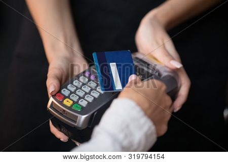 Female Customer Pay Hold Credit Card Use Contactless Nfc Technology