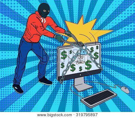 Hacker Breaking Open A Security Lock On A Computer With Dollar Icons On The Screen Using A Large Pai