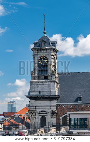 Clock Tower At Athenee Robert Catteau Building In Brussels, Belgium.