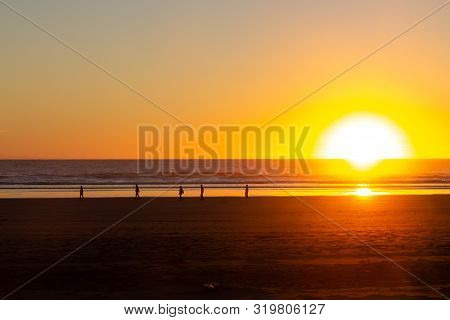 Sunset At Piha Beach, North Island, New Zealand