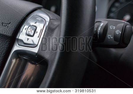 Car Steering Wheel With Menu Buttons On It Close Up, Car Interior