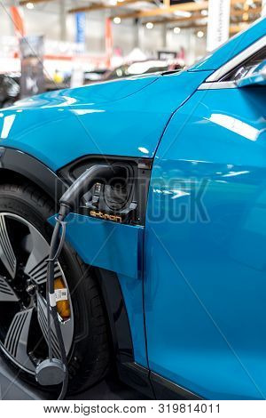 Cracow, Poland - May 18, 2019: Plug-in System Of The Audi E-tron Electric Automobile  Displayed At M