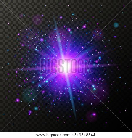 Half Transparent Shining Bright Abstract Star With Violet Particles. Magic Confetti Explosion. Vecto