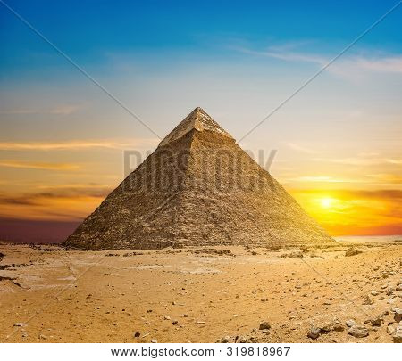 Chefren Pyramid At Sunset In The Desert Of Giza, Egypt
