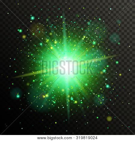 Half Transparent Shining Bright Abstract Star With Green Particles. Magic Confetti Explosion. Vector