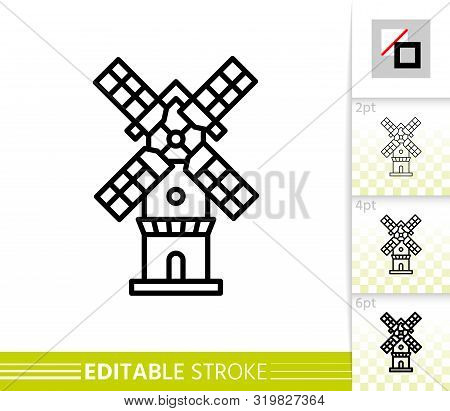 Windmill Single Line Icon. Farm Grain Flour Mill Flat Banner. Wind House Poster. Gristmill Linear Pi