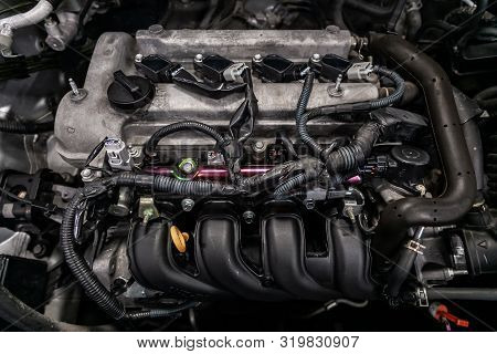 Novosibirsk, Russia - August 19, 2019:  Toyota Corolla Fielder , Close-up Of The Engine, Front View.