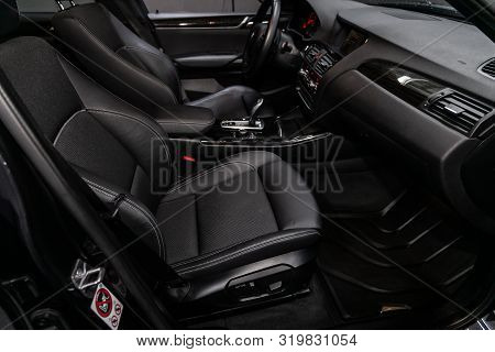Novosibirsk, Russia - August 19, 2019:  Bmw X4 ,close-up Of The Dashboard, Player, Steering Wheel, A