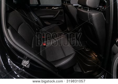 Novosibirsk, Russia - August 19, 2019:  Bmw X4 ,black Interior Design, Car Passenger And Driver Seat