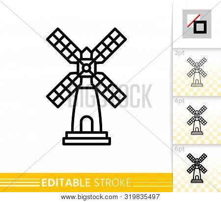 Windmill Single Line Icon. Farm Grain Flour Mill Flat Banner. Wind House Poster. Gristmill Linear Pi
