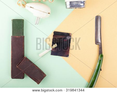 Flat Lay Trandy Shaving In The Old Days.retro Razor Blade And Pocket Mirror Closeup