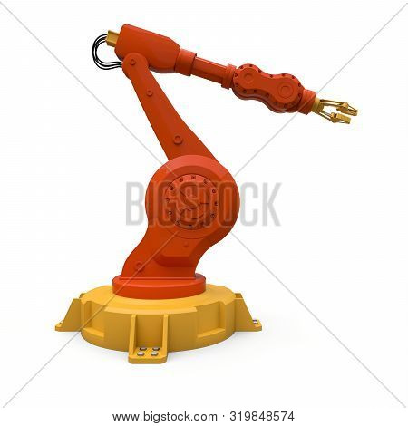 Robotic Orange Arm For Any Work In A Factory Or Production. Mechatronic Equipment For Complex Tasks.