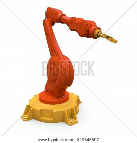 Robotic Orange Arm For Any Work In A Factory Or Production. Mechatronic Equipment For Complex Tasks.