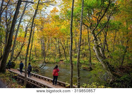 Oirase Stream, Beautiful Fall Foliage Scene Autumn Colors. Famous And Popular Destinations. Flowing 