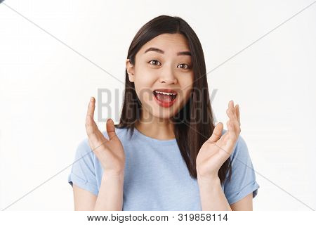 Well Done Congratulations. Asian Positive Happy Girl Clap Hands Joyfully Smiling Broadly Hear Good N