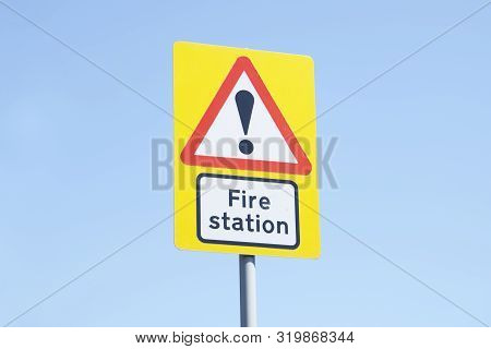 Fire Station Sign Blue Background Sky Yellow Red White Direction Emergency Services Brigade Servicem