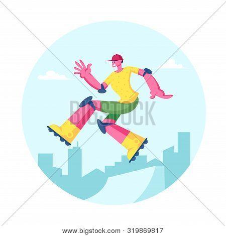 Young Man In Modern Fashioned Clothing And Cap Jumping On Skateboard. Skateboarder Male Character, S