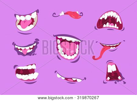 Monster Mouths. Cartoon Scary And Crazy Faces With Angry Expressions, Comic Cute Caricature Mouth Wi
