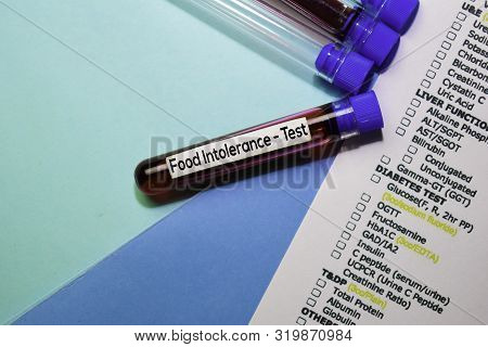 Food Intolerance - Test With Blood Sample. Top View Isolated On Office Desk. Healthcare/medical Conc