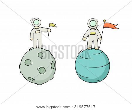 Sketch Set Of Astronauts With Flag. Doodle Cute Scene About Space Reseach. Hand Drawn Cartoon Vector
