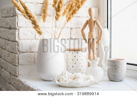 White Real Home Decor, Ceramic Interior Details With Vases And Candles