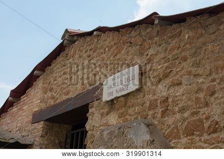 Italy, Ostia - April 16 2017: The View Of The Shrine Of The Three Naves Entrance In The Ancient Roma