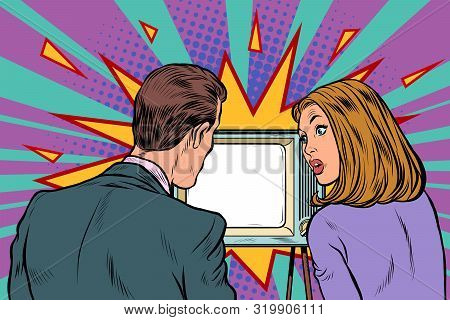 Viewers, Couple Family Husband And Wife Watch Tv. Pop Art Retro Vector Illustration Drawing