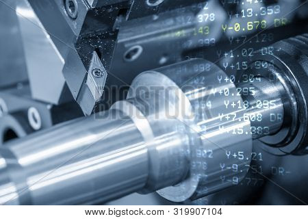 The Abstract Scene Of G-code Data And  Cnc Lathe Machine And  Cutting The Metal Rod By The Chip Cutt