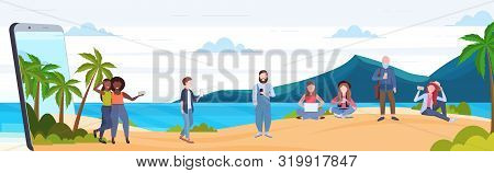 People Using Gadgets Mix Race Men Women Relaxing On Tropical Island Sea Beach Summer Vacation Digita