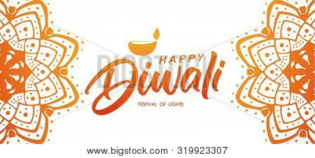 Colorful Indian Greeting Banner With Handwritten Lettering Of Happy Diwali And Lamp.