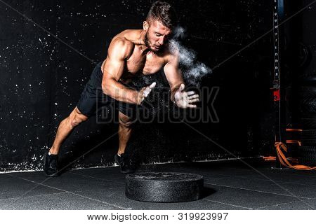 Clap Push Ups, Young Muscular Man With Big Sweaty Muscles Doing Push Ups Workout Training With Clap 