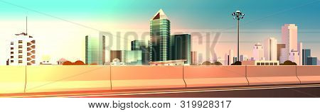 Highway Asphalt Road With Chipper City Skyline Modern Skyscrapers Cityscape Sunset Background Flat H