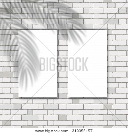 Vector Template With Two White 4a Sheets Of Paper And Palm Leaves Overlay Shadow. Trendy Mockup With