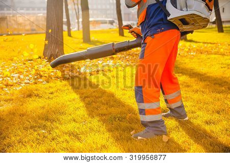 Leaf Blower Male Worker Removes Leaves Lawn Of Garden Autumn