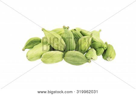 Cardamom Pods Isolated On White Background. Green Cardamon Seeds. Clipping Path.