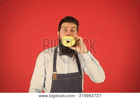 Diet And Healthy Food. Baker Eat Doughnut. Chef Man In Cafe. Calorie. Feel Hunger. Bearded Baker. Be