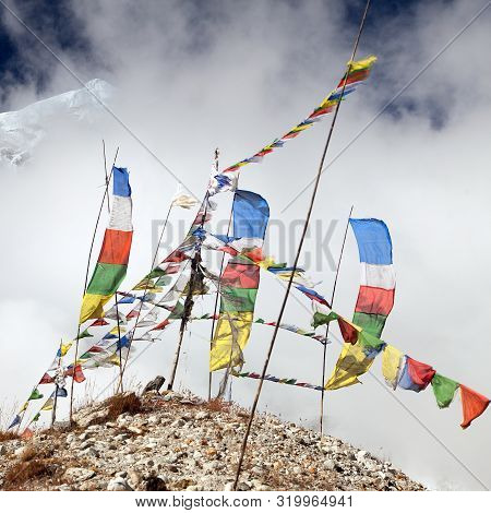 Buddhist Prayer Flags And Peak 7 Vii, Maklu Barun National Park,  Mountains