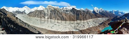 Panoramic View Of Ngozumba Glacier And Great Himalayan Range, Mount Everest, Lhotse Cho Oyu And Maka