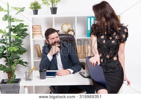Loved By His Employee. Sexy Administrative Employee And Employer. Adorable Woman Employee Sitting At