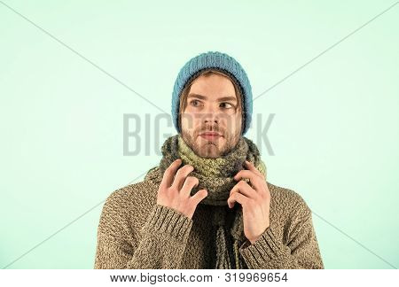 Winter Is Coming. Man Wear Winter Clothes In Cold Weather. Bearded Man Got Cold And Flu. Cold Nose, 