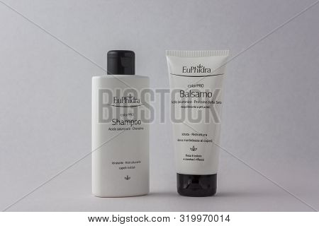 Matera, Italy - May 29, 2019: Euphidra Shampoo And Ssu White Background To Mean A Commercial Concept